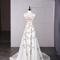 Hot Selling Ivory Embroidered Applique Strapless Detachable Long Sleeve Wedding Dress with Train - Thumbnail 5