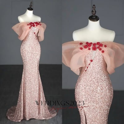 Pink sequined fishtail strapless handmade rose pearl decoration slit floor length evening dresses
