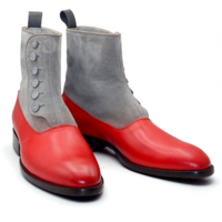 Crafted Leather Classic Men Handmade Gray Red Suede Leather Button Ankle High Boot - Thumbnail 1