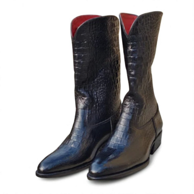 Crafted Leather Men Shoes Black Crocodile/Alligator Leather Cowboy Boot