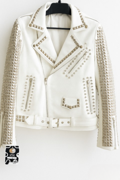 Crafted Leather New Men's White Full Silver Star Studded Brando Belted Cow Biker Leather Jacket