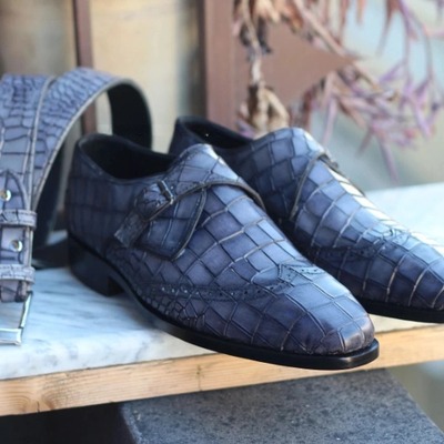 Crafted leather classic handmade men gray crocodile leather wingtip dress shoes with matching belt