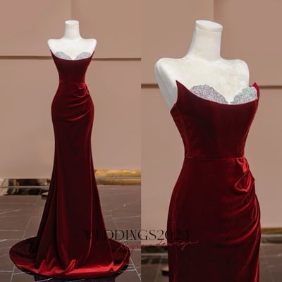 Red velevt rhinestone embellishment mermaid train prom dresses evening dress