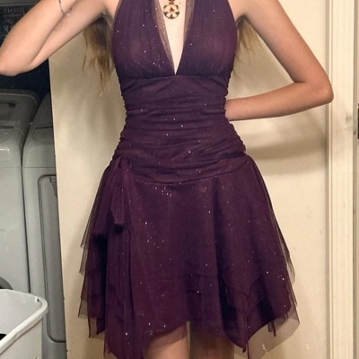 Sexy v neck dark purple tulle short prom homecoming dresses - Thumbnail 1