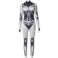 Mechanical Print Half-Turtleneck Long-Sleeved Jumpsuit High-Elastic Tights - Thumbnail 1
