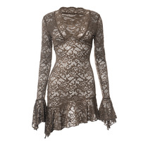 Solid color lace hollow low neck long sleeve hip skirt - Thumbnail 3