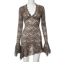 Solid color lace hollow low neck long sleeve hip skirt - Thumbnail 5