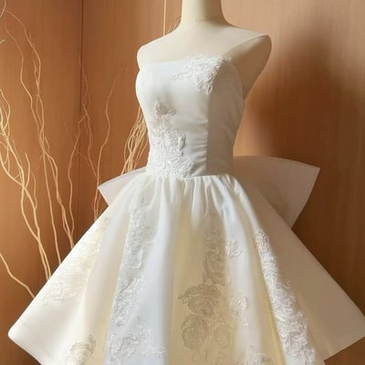White lace strapless knee length prom party dress