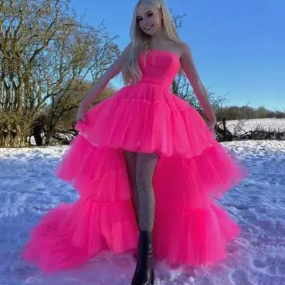 Hot pink high low puffy a line prom dresses ruched strapless tiered tulle tutu skirts cocktail party dress evening gown