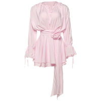 Solid color sexy round neck lace-up flower decoration trumpet sleeve hip dress - Thumbnail 3