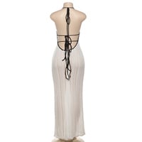Fashionable contrast color V-neck halter neck lace-up backless knitted dress - Thumbnail 3