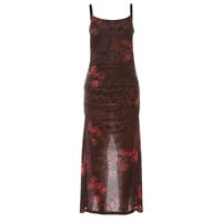 Fashionable suspender slim retro printed slit hip-hugging dress - Thumbnail 2