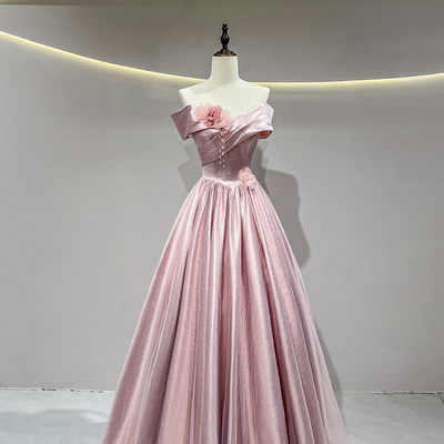 Pink satin long a-line prom party dress