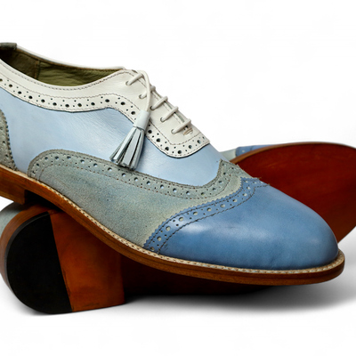Handmade men classic blue leather gray suede oxford dress shoes made by crafted leather