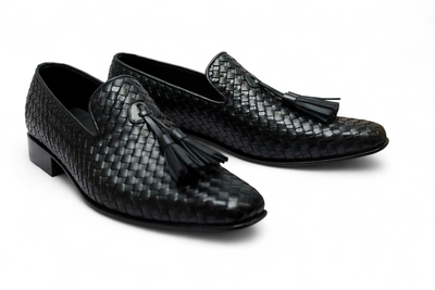 Crafted Leather Men Elegant Classic Black Woven Leather Dress Shoes