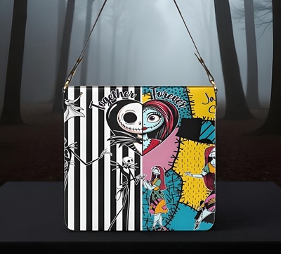 Nightmare Before Christmas Jack & Sally Pop Art Patchwork Leather Bucket Bag | Free Ship  JTPRT