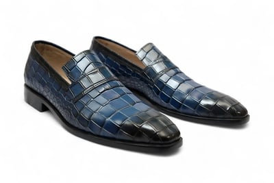 Crafted Leather Men Classic Blue Crocodile Leather Moccasin Loafers Slip on Formal Shoes