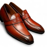  Crafted Leather Classic Brown Leather Moccasin Loafer Dress Shoes - Thumbnail 1