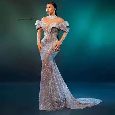 Sier crystals beaded mermaid evening dresses african aso ebi high neck sheer long sleeves ruffles formal party dress event gala gowns