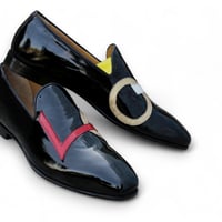 Crafted Leather Handmade Black Patent Leather Designer Loafers Moccasin Dress Shoes - Thumbnail 1