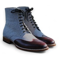 Crafted Leather Handmade Men Brown Tweed Leather Ankle High Wingtip Dress Boot - Thumbnail 1