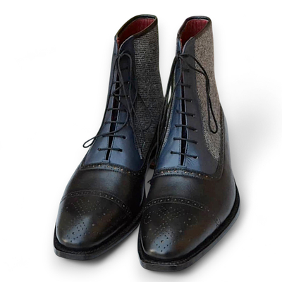 Crafted leather men ankle high black and tweed contrast lace up dress boot
