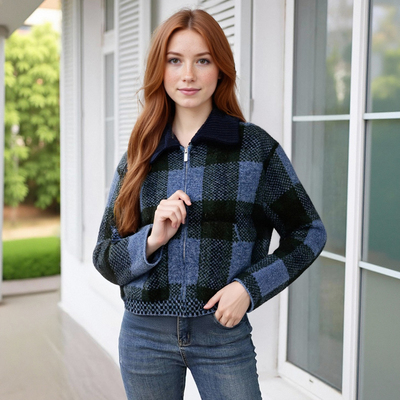 Retro fashion plaid knitted lapel jacket - Thumbnail 2