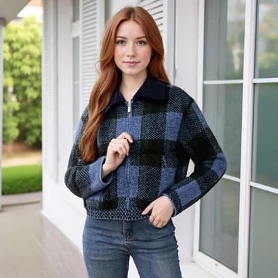 Retro Fashion Plaid Knitted Lapel Jacket