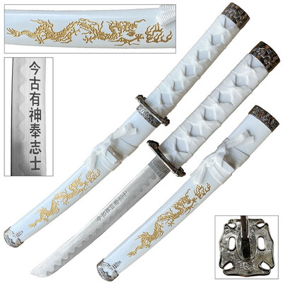 Edge tanto 21" sword – high carbon steel blade with gold dragon engraved white scabbard & kanji etching | samurai collectible tanto