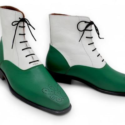 Crafted leather handmade men two tone lace up boots , green & white ankle high dress boots