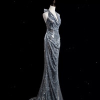 Deep V Neck Sliver Sheath Floor Length Backless Zipper Back with Train Prom Dresses - Thumbnail 2