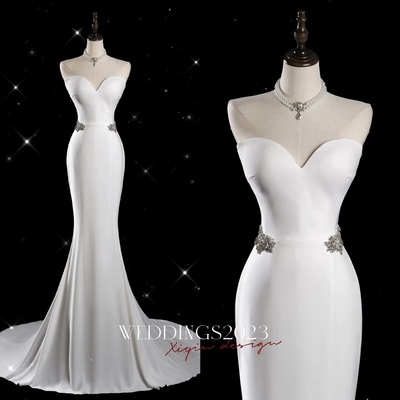 Lovely strapless sweetheart  neck ivory mermaid with train and buttons rhinestone waist detail prom dresses