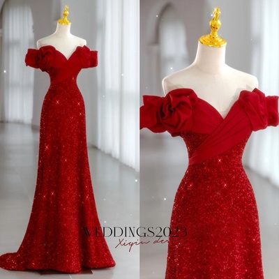 Red strapless sequined sweetheart neckline lace up back with train eveving dress 
