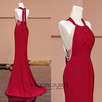 Halter satin peral mermaid backless back with train prom dresses