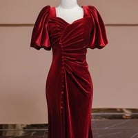 Burgundy Velvet Short Sleeves Mermaid Slit with Button Evening Dress - Thumbnail 3