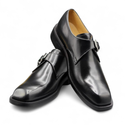 Crafted Leather Handmade Black Leather Monk Strap Dress Shoes