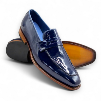 Crafted leather blue patent leather moccasin loafers dress shoes