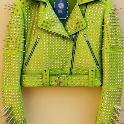 Crafted leather classy women yellow green leather studded jacket with silver studs and spikes