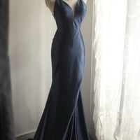 Navy Blue V Neck Mermaid Backless Back Lace up Satin Prom Dresses - Thumbnail 2