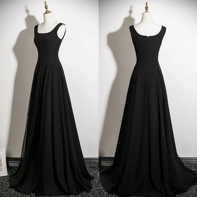 Black sleeveless satin a-line floor length zipper back prom dress