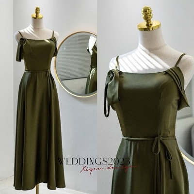 Dark green spaghetti straps sheath with belt backless prom dress