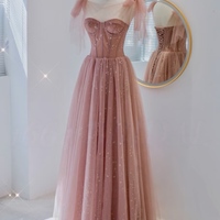 Fairy Sweet Pink Off Shoulder Evening Gown with Lace up Tulle Skirt Prom, Bridesmaid, Wedding Guest Dress - Thumbnail 1
