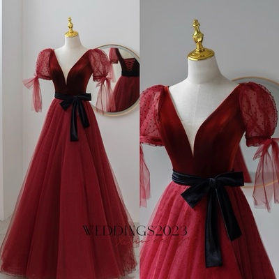 Burgundy velvet tulle long prom dress with black belt, a-line formal evening dress,short sleeves prom dress