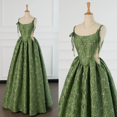 Beautiful ball gown corset back moss green lace prom gown long prom dresses, green floral evening dress