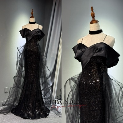 Black sleeveless sequined tulle long prom dress with ruffles, mermaid party gown 