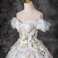 Fairytale Multi-Colors Lace Flower Appliques Pearl White Prom Dresses  Ball Gown Off-The-Shoulder Short Sleeve Backless Floor-Length / Long Prom Forma - Thumbnail 5