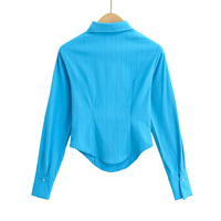 College style POLO collar tie curved hem long sleeve shirt - Thumbnail 1