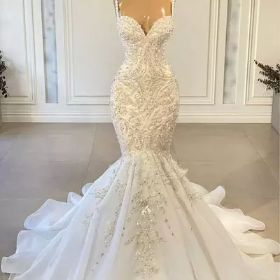 Party dresses luxury mermaid african women wedding dresses 2022 beaded broidery sexy white vintage lace organza bridal wedding gown yq240106