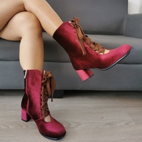 Burgundy Velvet Ankle Boots Women Square Toes Lace Up Style - Thumbnail 5