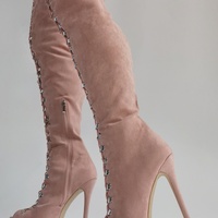 New Women Suede Thigh High Peep Toe Lace Up Stiletto Boot - Thumbnail 3